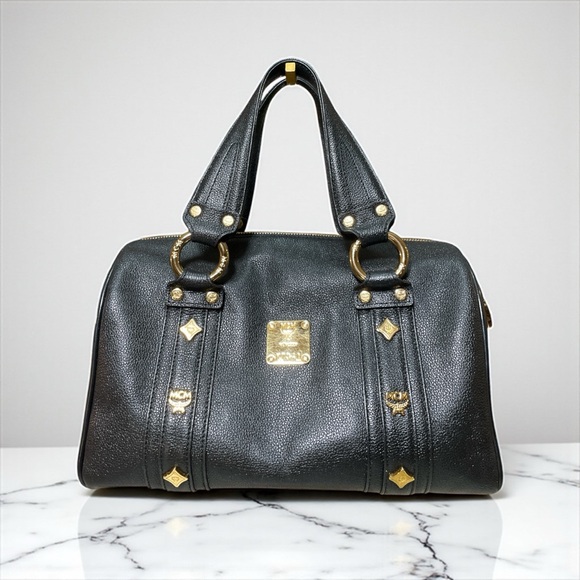 MCM Black Leather Boston Bag with Gold Accents EUC - Picture 1 of 16